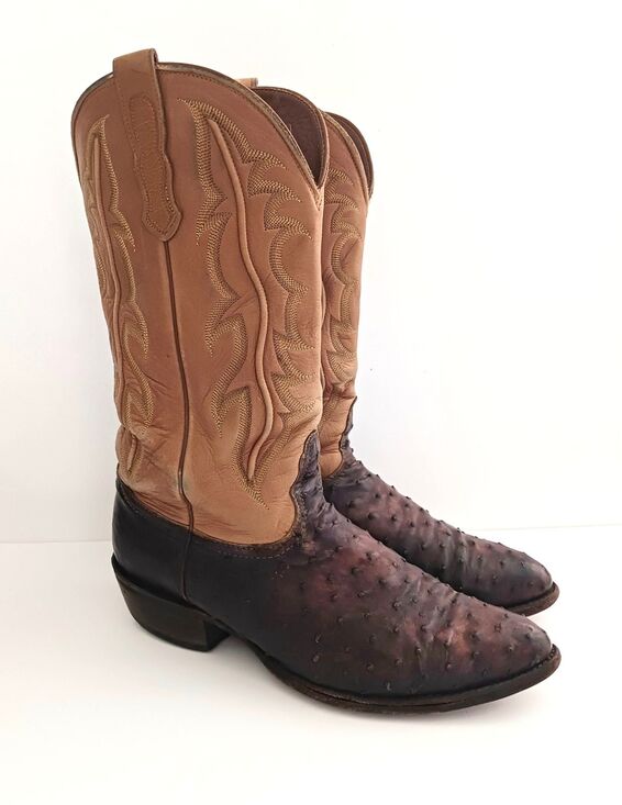 Nocona Full Quill Ostrich Exotic Western Boot Brown/Camel Leather 10D Made USA main image 4